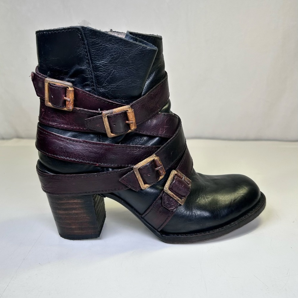 Freebird by Steven Hustl Black Brown  Leather Strappy Heeled Ankle Booties 7